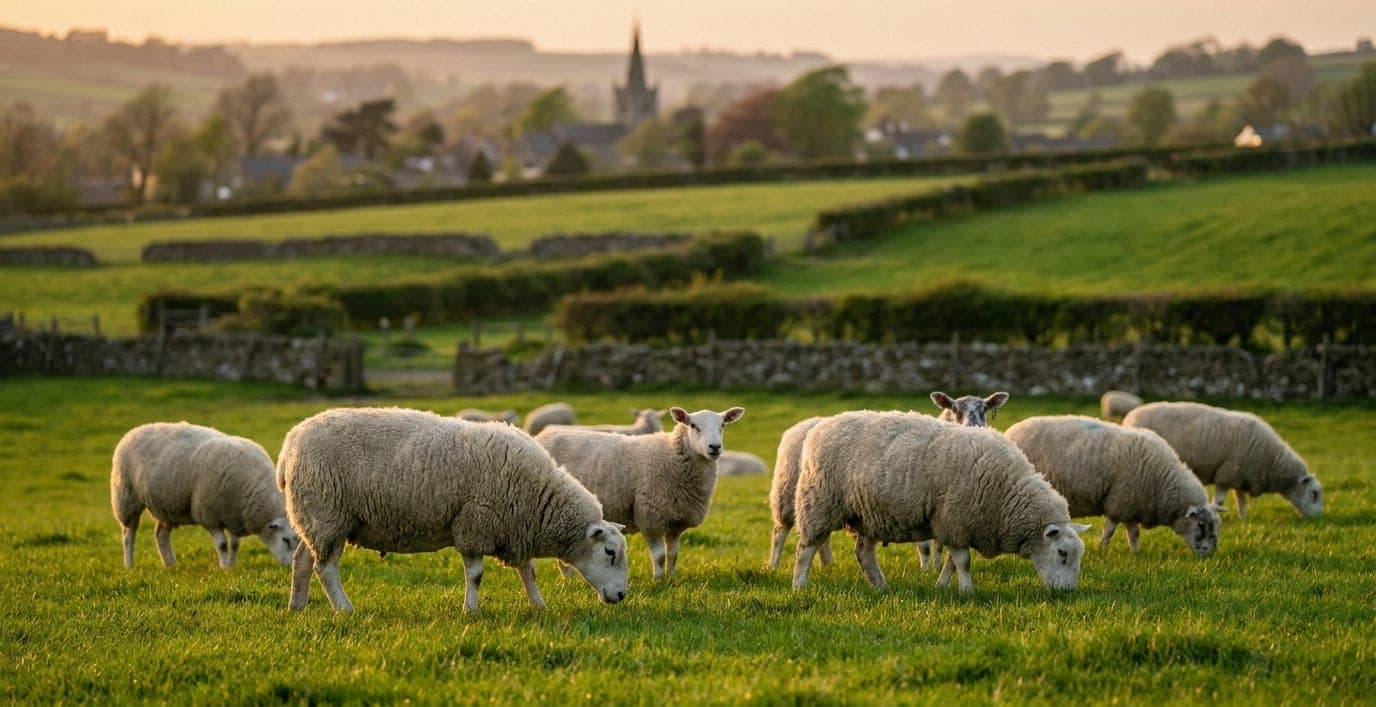 A flock of breeding ewes grazing at golden hour, dry stone walls and a village church on the horizon.