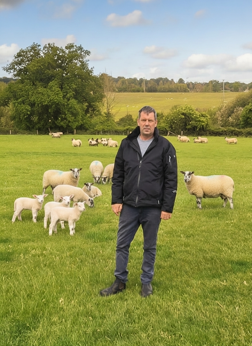 John Wood at Merley Hall Farm with his flock of North Country Mule ewes and Texel lambs.